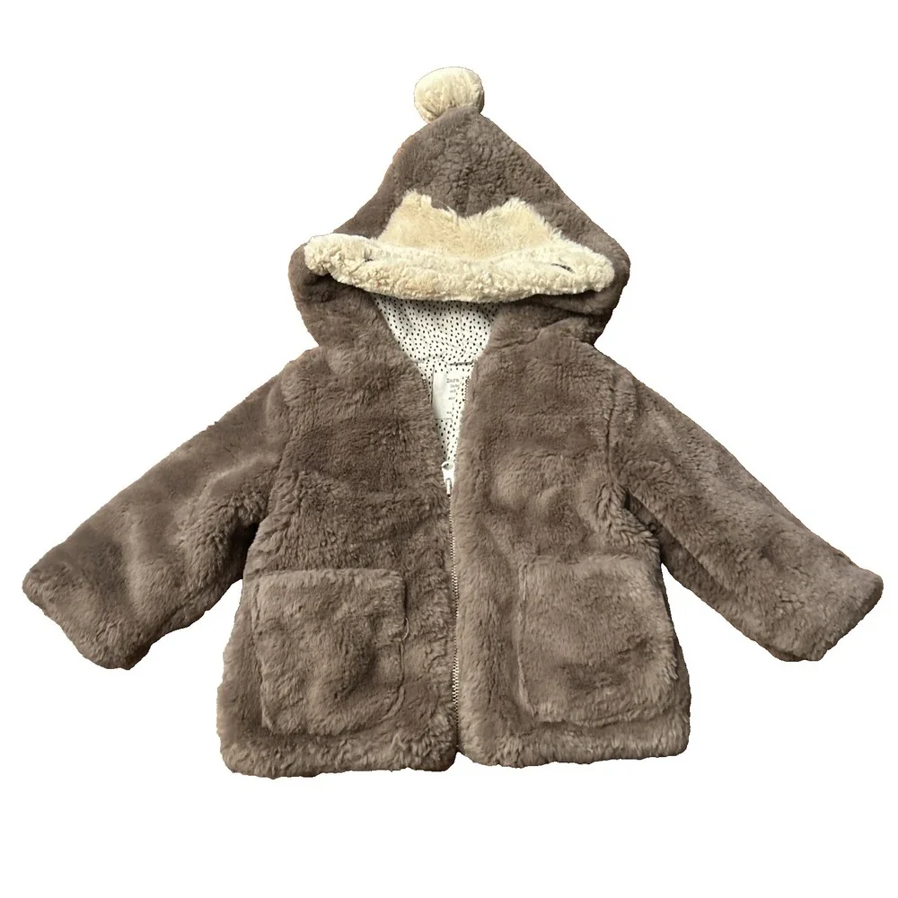 Zara‎ Baby Faux Fur Coat Girls Size 9-12M Cute Cat Animal Hood Fleece Plush